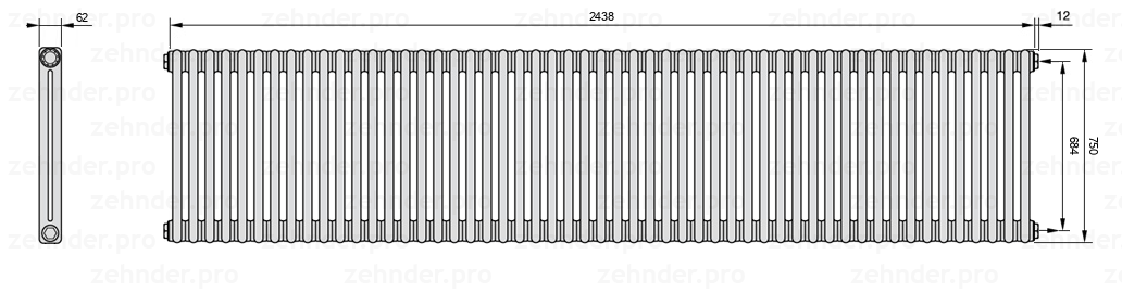 Схема (чертеж) Радиатор Zehnder Charleston 2075/53 №7610 Белый глянцевый RAL 9016